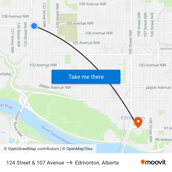 124 Street & 107 Avenue to Edmonton, Alberta map
