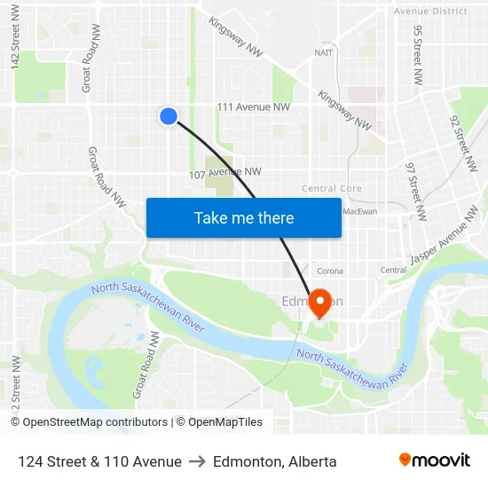 124 Street & 110 Avenue to Edmonton, Alberta map
