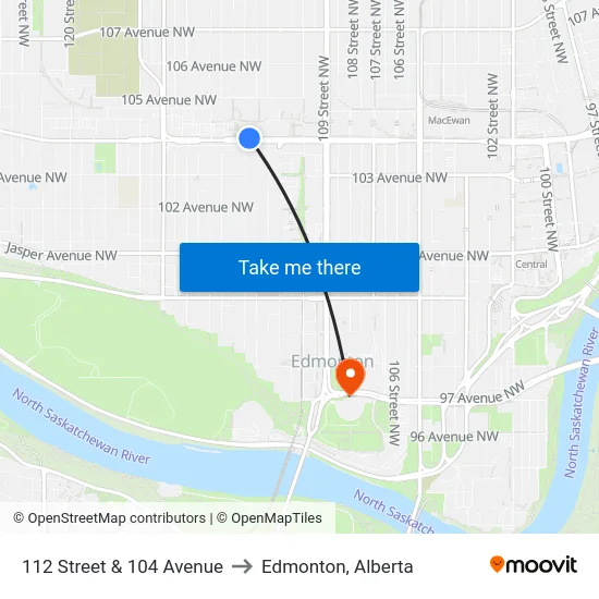 112 Street & 104 Avenue to Edmonton, Alberta map