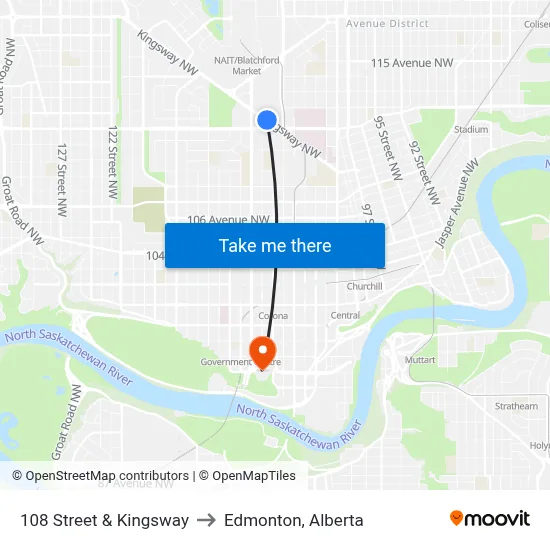 108 Street & Kingsway to Edmonton, Alberta map