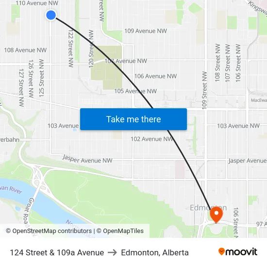 124 Street & 109a Avenue to Edmonton, Alberta map