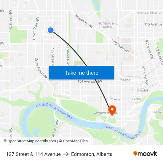 127 Street & 114 Avenue to Edmonton, Alberta map