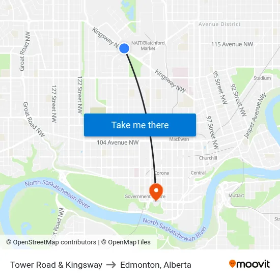Tower Road & Kingsway to Edmonton, Alberta map