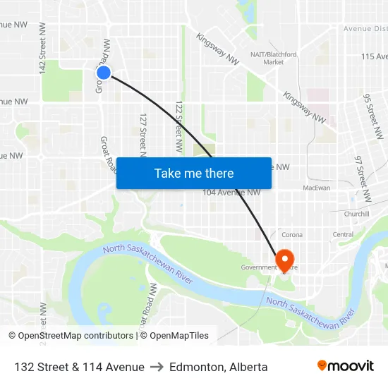132 Street & 114 Avenue to Edmonton, Alberta map