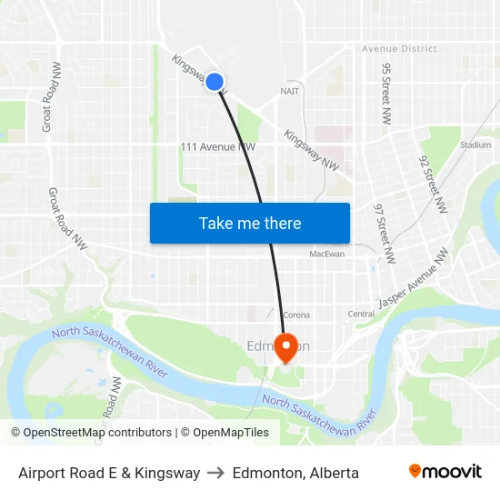 Airport Road E & Kingsway to Edmonton, Alberta map