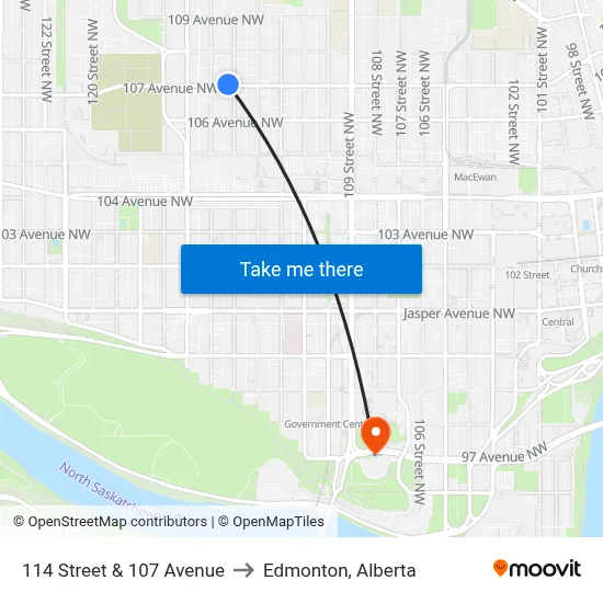 114 Street & 107 Avenue to Edmonton, Alberta map