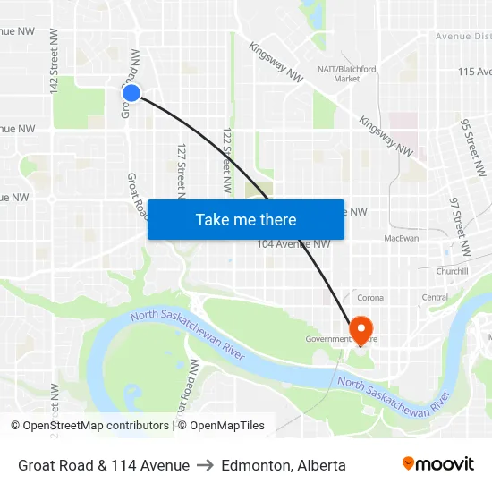 Groat Road & 114 Avenue to Edmonton, Alberta map