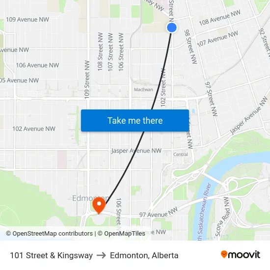 101 Street & Kingsway to Edmonton, Alberta map