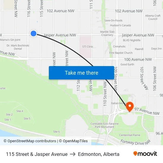 115 Street & Jasper Avenue to Edmonton, Alberta map