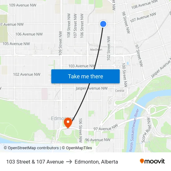 103 Street & 107 Avenue to Edmonton, Alberta map