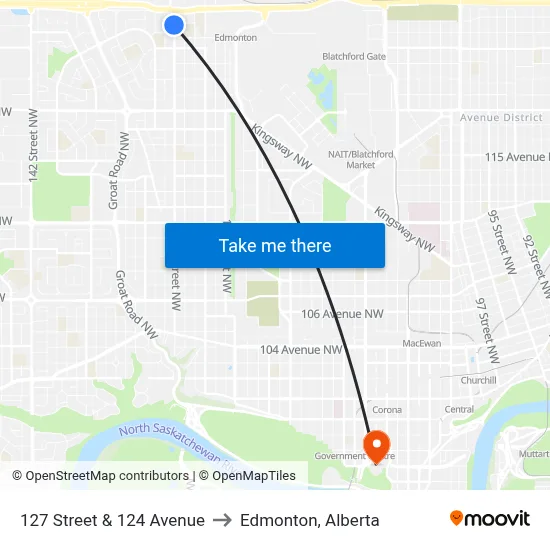 127 Street & 124 Avenue to Edmonton, Alberta map