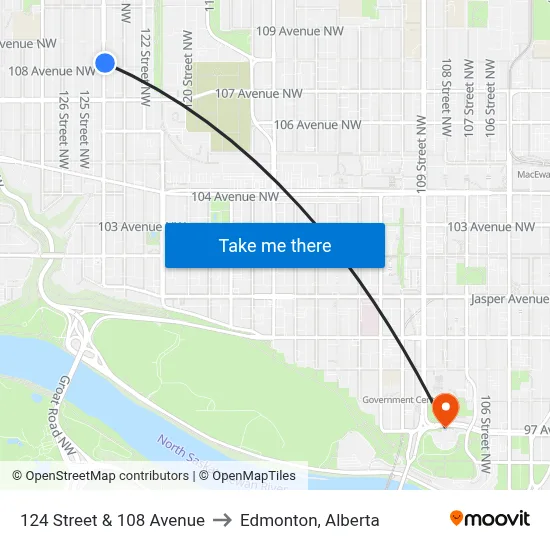 124 Street & 108 Avenue to Edmonton, Alberta map
