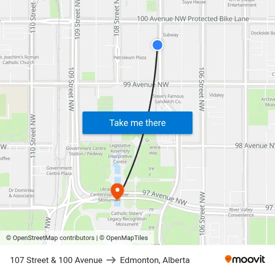 107 Street & 100 Avenue to Edmonton, Alberta map