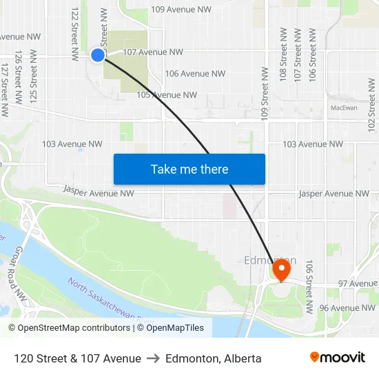 120 Street & 107 Avenue to Edmonton, Alberta map