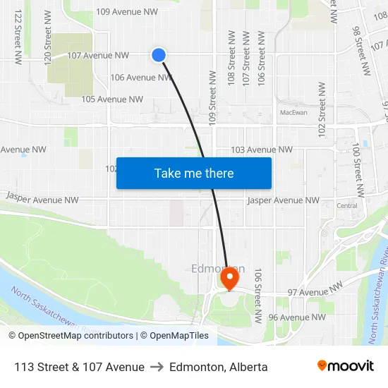 113 Street & 107 Avenue to Edmonton, Alberta map
