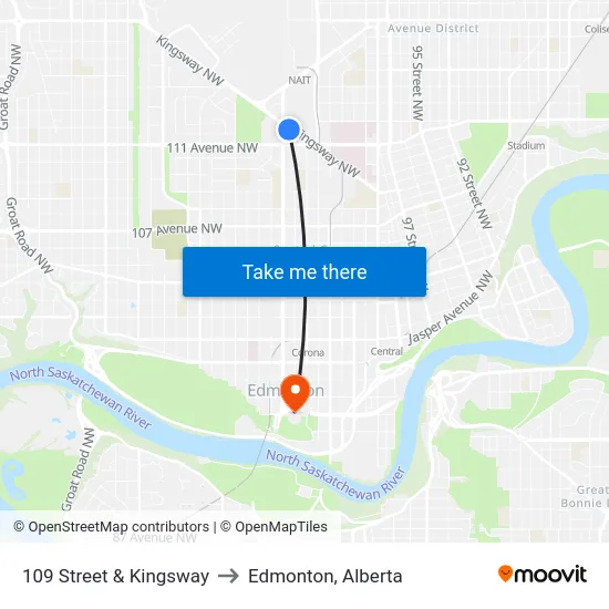 109 Street & Kingsway to Edmonton, Alberta map
