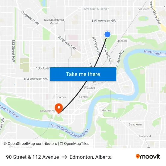 90 Street & 112 Avenue to Edmonton, Alberta map