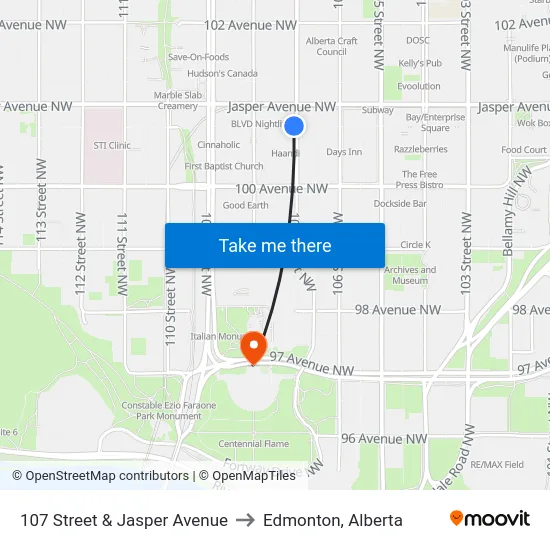 107 Street & Jasper Avenue to Edmonton, Alberta map