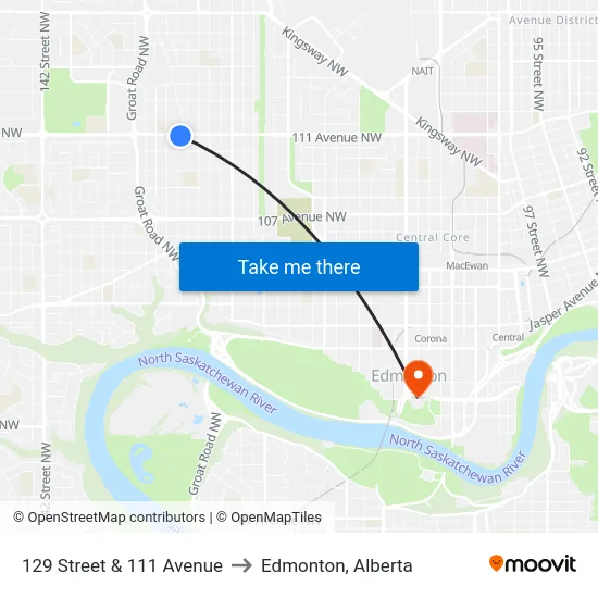 129 Street & 111 Avenue to Edmonton, Alberta map