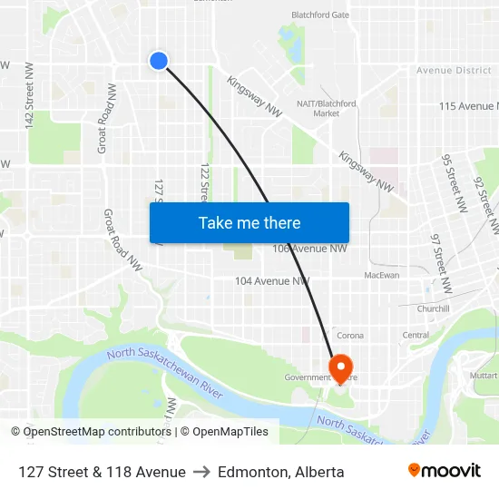 127 Street & 118 Avenue to Edmonton, Alberta map