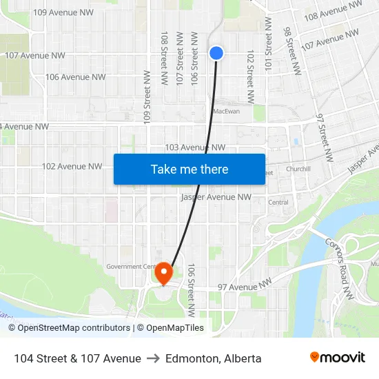 104 Street & 107 Avenue to Edmonton, Alberta map