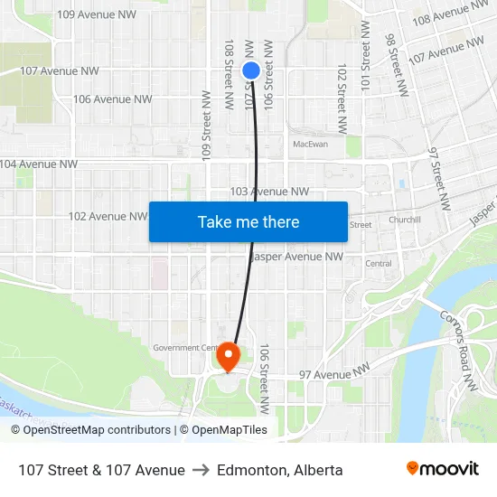 107 Street & 107 Avenue to Edmonton, Alberta map
