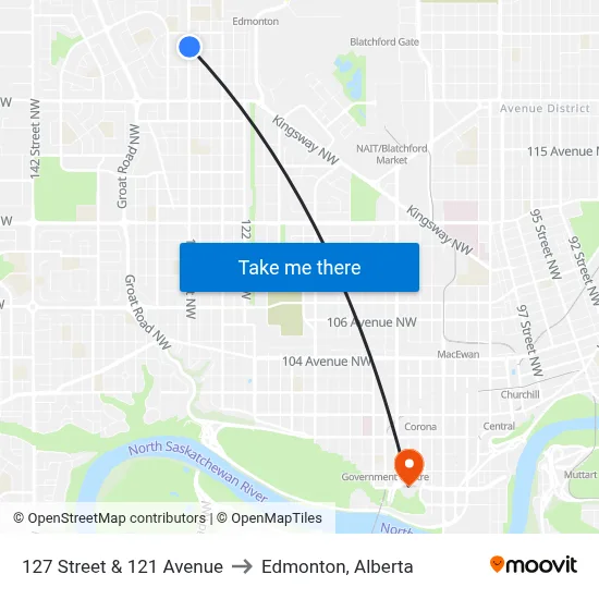 127 Street & 121 Avenue to Edmonton, Alberta map