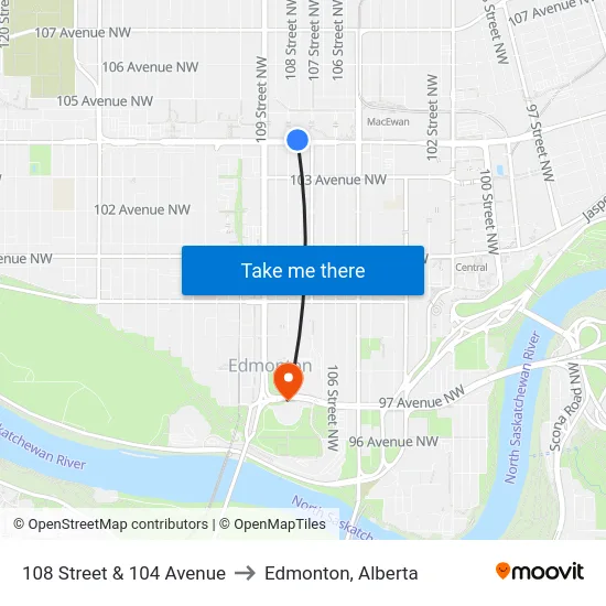 108 Street & 104 Avenue to Edmonton, Alberta map