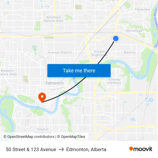 50 Street & 123 Avenue to Edmonton, Alberta map