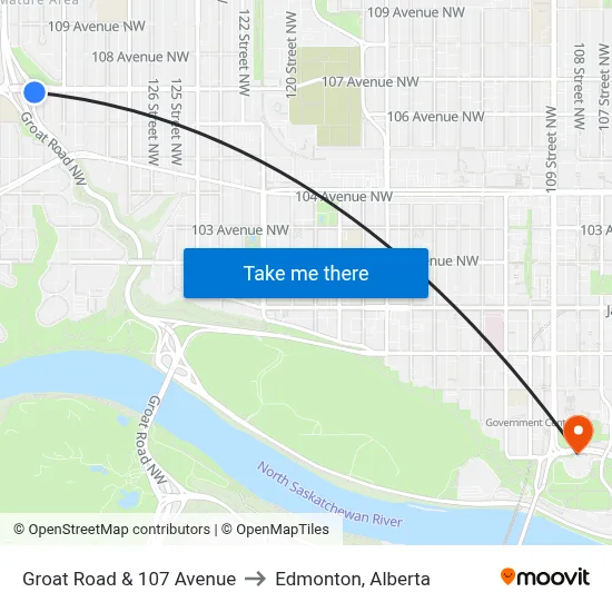 Groat Road & 107 Avenue to Edmonton, Alberta map