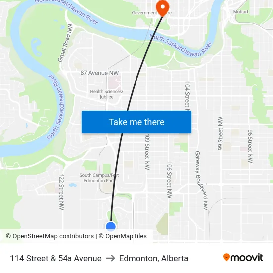 114 Street & 54a Avenue to Edmonton, Alberta map