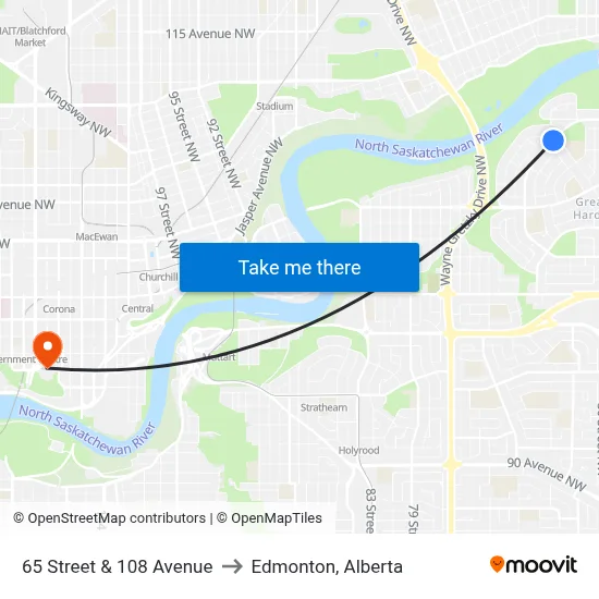65 Street & 108 Avenue to Edmonton, Alberta map