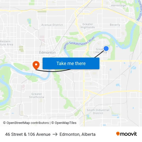 46 Street & 106 Avenue to Edmonton, Alberta map
