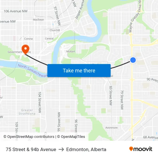 75 Street & 94b Avenue to Edmonton, Alberta map