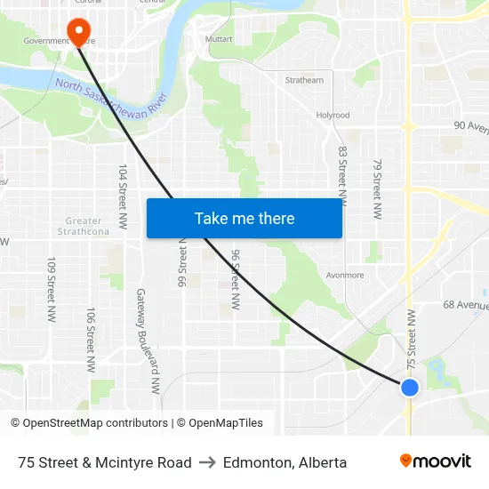 75 Street & Mcintyre Road to Edmonton, Alberta map