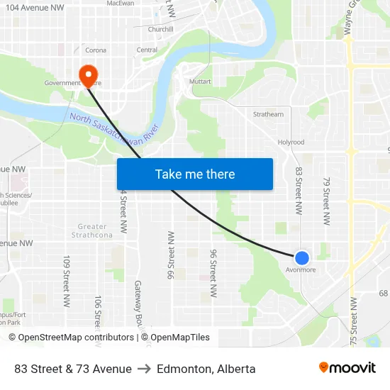 83 Street & 73 Avenue to Edmonton, Alberta map