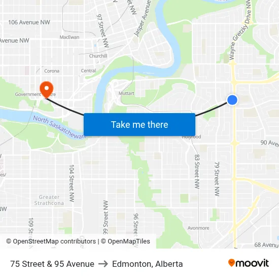75 Street & 95 Avenue to Edmonton, Alberta map
