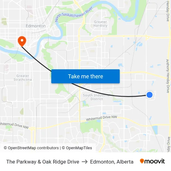 The Parkway & Oak Ridge Drive to Edmonton, Alberta map