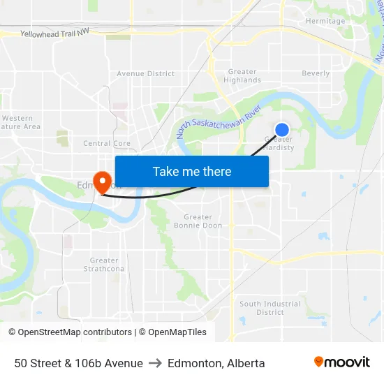 50 Street & 106b Avenue to Edmonton, Alberta map