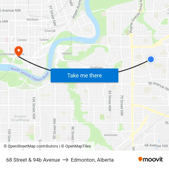 68 Street & 94b Avenue to Edmonton, Alberta map