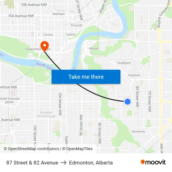 87 Street & 82 Avenue to Edmonton, Alberta map