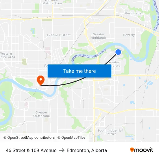 46 Street & 109 Avenue to Edmonton, Alberta map