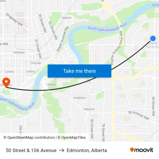 50 Street & 106 Avenue to Edmonton, Alberta map