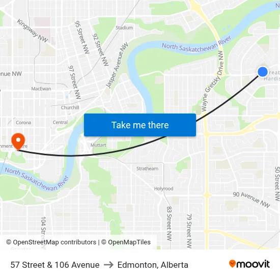 57 Street & 106 Avenue to Edmonton, Alberta map