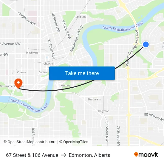 67 Street & 106 Avenue to Edmonton, Alberta map