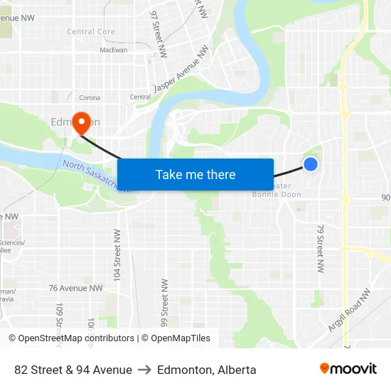 82 Street & 94 Avenue to Edmonton, Alberta map