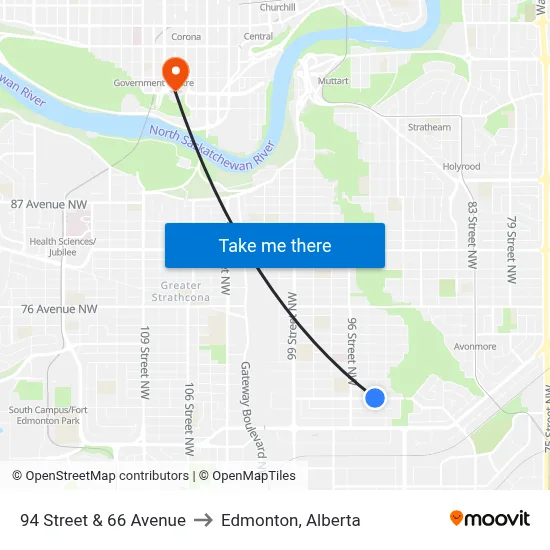 94 Street & 66 Avenue to Edmonton, Alberta map