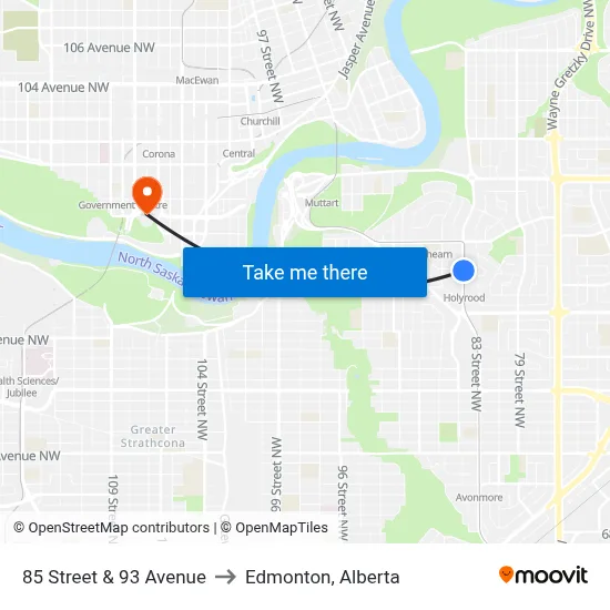 85 Street & 93 Avenue to Edmonton, Alberta map