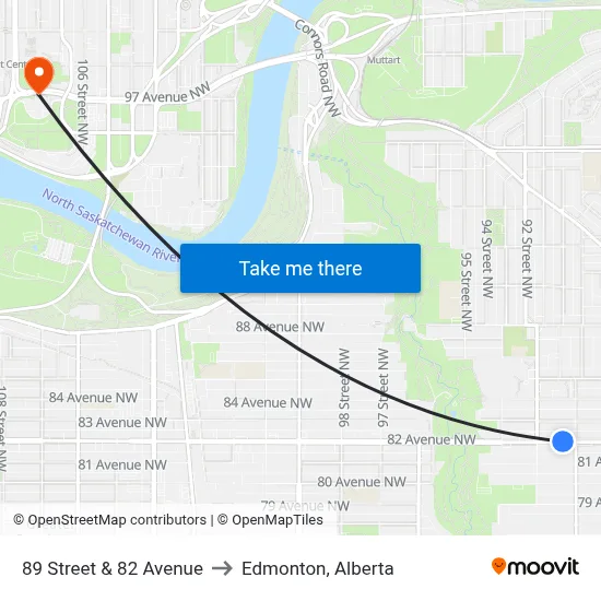 89 Street & 82 Avenue to Edmonton, Alberta map