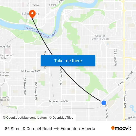 86 Street & Coronet Road to Edmonton, Alberta map